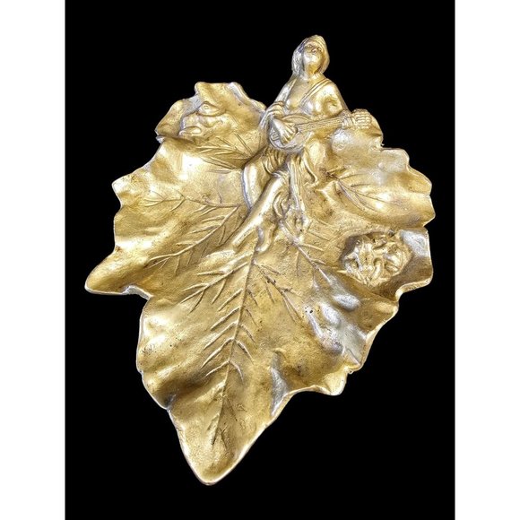 unbranded Other - Vintage Brass Leaf Lily Pad Jewelry Trinket Vanity Dish Lady Fairy, Frogs